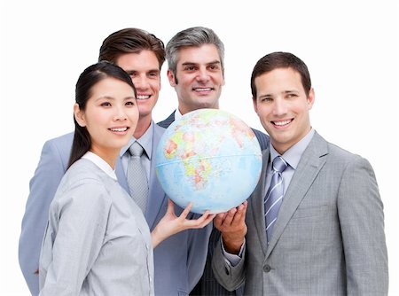 Portrait of a multi-ethnic businessteam holding a terrestrial globe against white background Stock Photo - Budget Royalty-Free & Subscription, Code: 400-04187791
