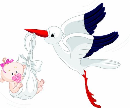 simsearch:400-04397639,k - A cartoon illustration of a stork delivering a newborn baby girl Photographie de stock - Aubaine LD & Abonnement, Code: 400-04188341