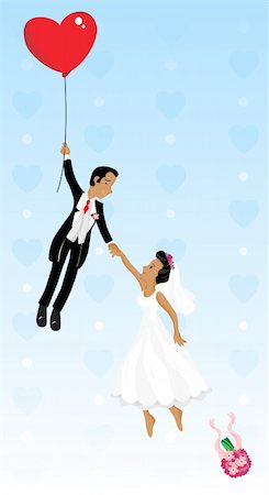 simsearch:400-04121488,k - Just married black couple flying with a heart shaped balloon. Highly detailed vector image. Foto de stock - Super Valor sin royalties y Suscripción, Código: 400-04189227