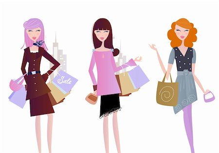 simsearch:400-04164585,k - Sexy women on shopping in the city. Vector Illustration isolated on white background. Photographie de stock - Aubaine LD & Abonnement, Code: 400-04180352