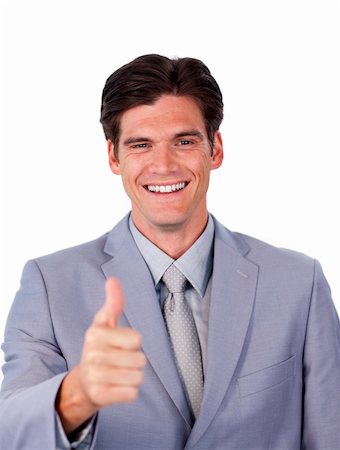 simsearch:400-04875087,k - Fortunate businessman with thumb up against a white background Photographie de stock - Aubaine LD & Abonnement, Code: 400-04183075
