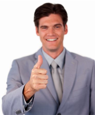 simsearch:400-04875087,k - Smiling businessman with thumb up against a white background Photographie de stock - Aubaine LD & Abonnement, Code: 400-04183086