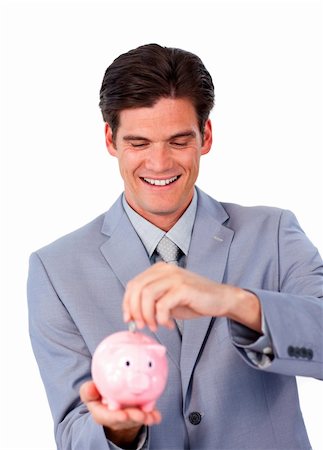 simsearch:400-04184165,k - Assertive businessman saving money in a piggy-bank against a white background Stock Photo - Budget Royalty-Free & Subscription, Code: 400-04183088