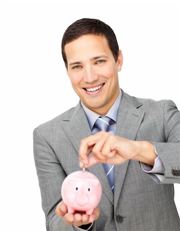 simsearch:400-04184165,k - Self-assured businessman saving money in a piggy-bank against a white background Stock Photo - Budget Royalty-Free & Subscription, Code: 400-04183126