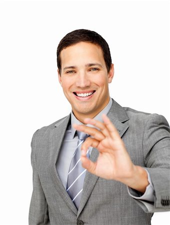 simsearch:400-04875087,k - Charming businessman showing OK sign against a white background Photographie de stock - Aubaine LD & Abonnement, Code: 400-04183134