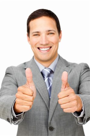 simsearch:400-04875087,k - Fortunate businessman with thumbs up isolated on a white background Photographie de stock - Aubaine LD & Abonnement, Code: 400-04183131