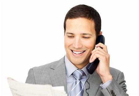 simsearch:400-05145011,k - Charsmatic businessman on phone holding a newspaper against a white background Stock Photo - Budget Royalty-Free & Subscription, Code: 400-04183147