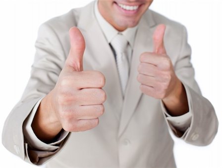 simsearch:400-04875087,k - Close-up of a businessman with thumbs up against a white background Photographie de stock - Aubaine LD & Abonnement, Code: 400-04183761