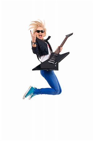 headbanging woman guitarist jumps making rock sign over white Stock Photo - Budget Royalty-Free & Subscription, Code: 400-04194537