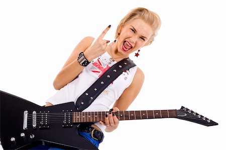 simsearch:400-04652753,k - blond woman playing the electric guitar with passion and making a rok and roll hand gesture Stock Photo - Budget Royalty-Free & Subscription, Code: 400-04194530