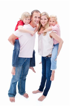 Attentive parents giving their children piggyback ride against a white background Stock Photo - Budget Royalty-Free & Subscription, Code: 400-04195658