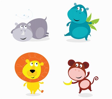 simsearch:400-08255624,k - Vector illustration of safari animals isolated on white background: hippo, rhino, lion and monkey. Stock Photo - Budget Royalty-Free & Subscription, Code: 400-04196837