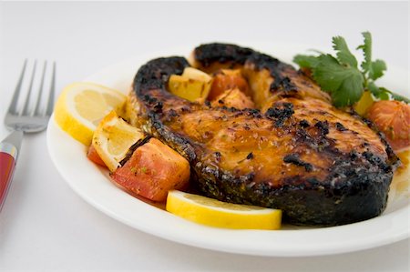broiled salmon steak on white plate Stock Photo - Budget Royalty-Free & Subscription, Code: 400-04199829