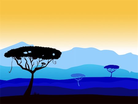 simsearch:400-04597010,k - Vector background with dark acacia trees silhouette. High dark blue mountains in background. Stock Photo - Budget Royalty-Free & Subscription, Code: 400-04193433