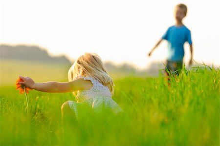 Little girl picks a flower in a meadow, beautiful sunlight lighting. Stock Photo - Budget Royalty-Free & Subscription, Code: 400-04204271