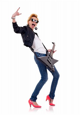 simsearch:400-04652753,k - picture of an energic blond girl wearing glasses and playing a guitar and making a rock and roll gesture Stock Photo - Budget Royalty-Free & Subscription, Code: 400-04204364