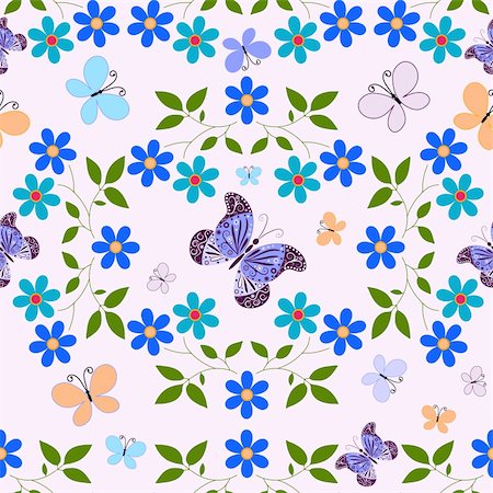 Seamless floral pink pattern with blue flowers and butterflies (vector) Stock Photo - Budget Royalty-Free & Subscription, Code: 400-04205233
