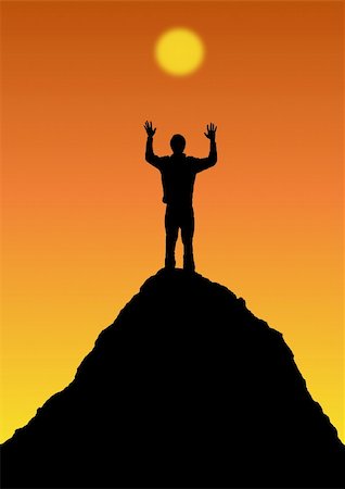 silhouette of man standing in a mountain top - Silhouette illustration of a person on top of  a mountain facing the sun Stock Photo - Budget Royalty-Free & Subscription, Code: 400-04205258