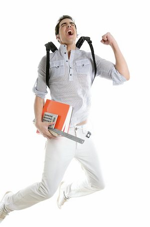simsearch:400-04505681,k - Happy student jump with college stuff in hand isolated on white Stock Photo - Budget Royalty-Free & Subscription, Code: 400-04205437