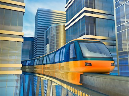Futuristic monorail train among the skyscrapers. Made in 3D. Stock Photo - Budget Royalty-Free & Subscription, Code: 400-04205829