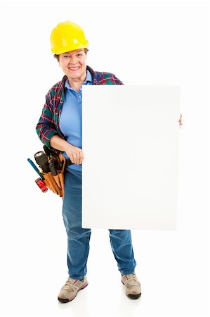 plumber (female) - Female construction worker holding blank sign, ready for text.  Isolated on white, full body. Stock Photo - Budget Royalty-Free & Subscription, Code: 400-04200033