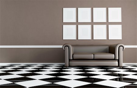 brown living room with chessboard floor and empty frame - rendering Foto de stock - Super Valor sin royalties y Suscripción, Código: 400-04200153