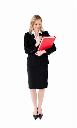 sheath - Radiant businesswoman writing on a paper against white background Stock Photo - Budget Royalty-Free & Subscription, Code: 400-04201155