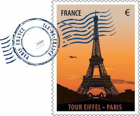 Vector postmark with sight of eiffel tower at sunset Stock Photo - Budget Royalty-Free & Subscription, Code: 400-04201445