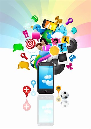 simsearch:400-04255737,k - Mobile phone with lots of elements including people, icons and symbols. All items are individually grouped. Stock Photo - Budget Royalty-Free & Subscription, Code: 400-04203321