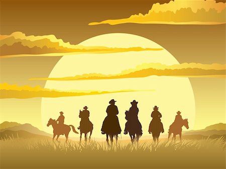 sunrise old woman - Team of cowboys silhouette galloping against a sunset background Stock Photo - Budget Royalty-Free & Subscription, Code: 400-04214915