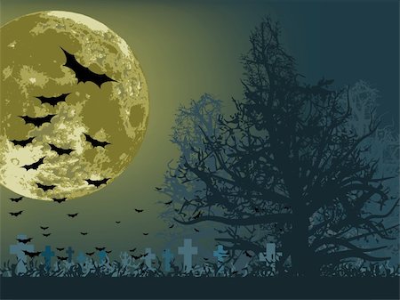 spooky night scene moon - Halloween illustration poster, with moon, bat and tree. EPS 8 vector file included Stock Photo - Budget Royalty-Free & Subscription, Code: 400-04215625