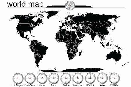 Detailed world map with country borders and time in main cityes Stock Photo - Budget Royalty-Free & Subscription, Code: 400-04216471