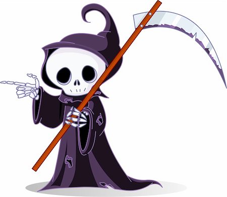 simsearch:400-04275576,k - Cute cartoon grim reaper with scythe  pointing. Isolated on white Photographie de stock - Aubaine LD & Abonnement, Code: 400-04216622
