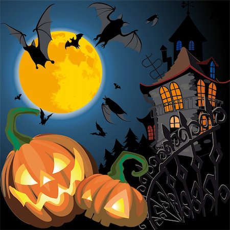 simsearch:400-03936196,k - Halloween Card with Pumpkin, old house and moon Stock Photo - Budget Royalty-Free & Subscription, Code: 400-04216941