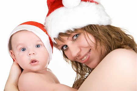 Beautiful mommy santa and her baby Santa boy on a white Stock Photo - Budget Royalty-Free & Subscription, Code: 400-04216960