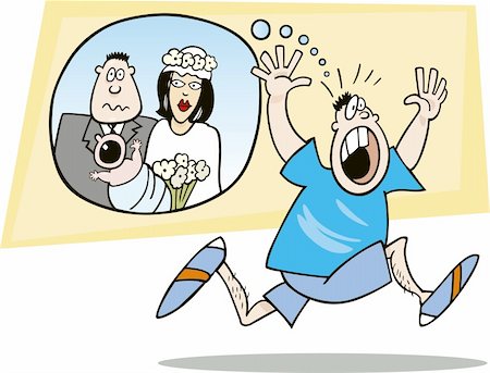 people running scared - Illustration of running guy frightened of marriage and parenting Stock Photo - Budget Royalty-Free & Subscription, Code: 400-04217125