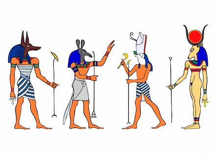 Various Egyptian Gods and Goddess.  Left to right: Anubis, Seth, Horus and Hathor.  Anubis - Yinepu - dog or jackal god of embalming and tomb-caretaker who watches over the dead - associated with mummification and the afterlife in Egyptian mythology.    Set - Seth - god of storms, later became god of evil, darkness, chaos and desert and patron of Upper Egypt.    Horus - Heru - the falcon-headed go Stock Photo - Budget Royalty-Free & Subscription, Code: 400-04218217