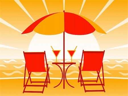 simsearch:400-05944023,k - vector deck chairs, drinks and umbrella on the beach in sunset, Adobe Illustrator 8 format Stock Photo - Budget Royalty-Free & Subscription, Code: 400-04219296