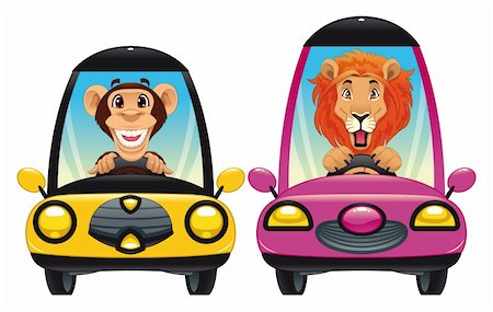 funny images of people driving - Animals in the car: Monkey and Lion. Funny cartoon vector isolated characters. Stock Photo - Budget Royalty-Free & Subscription, Code: 400-04210405