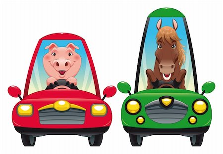 funny images of people driving - Animals in the car: Pig and Horse. Funny cartoon vector isolated characters. Stock Photo - Budget Royalty-Free & Subscription, Code: 400-04210403
