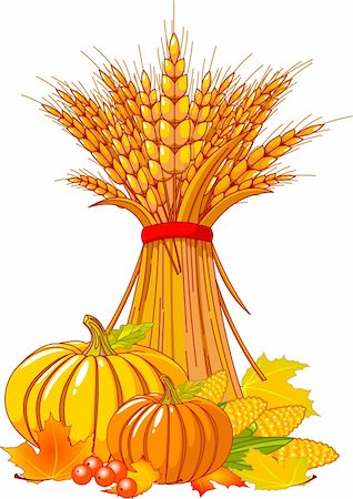 pumpkin leaf vector - Seasonal background with plump pumpkins, wheat, corn and autumn leaves Stock Photo - Budget Royalty-Free & Subscription, Code: 400-04211896