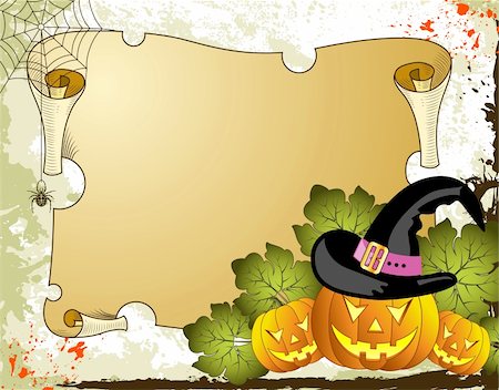 pumpkin drawing with leaves - Halloween background with pumpkin and parchment, vector illustration Stock Photo - Budget Royalty-Free & Subscription, Code: 400-04212561