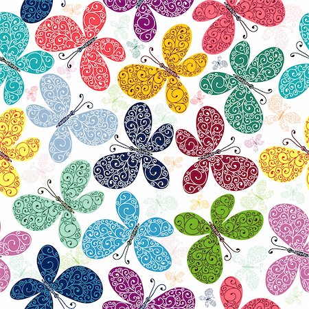 simsearch:400-05741762,k - Seamless white pattern with silhouettes colorful butterflies (vector) Stock Photo - Budget Royalty-Free & Subscription, Code: 400-04213244