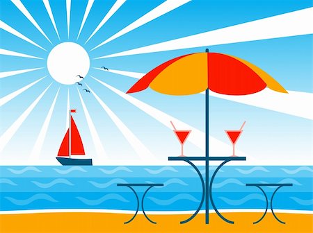 simsearch:400-05944023,k - vector background with beach umbrella, drinks on table and sailboat, Adobe Illustrator 8 format Stock Photo - Budget Royalty-Free & Subscription, Code: 400-04213253