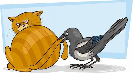 illustration of sleepy cat and malicious magpie Stock Photo - Budget Royalty-Free & Subscription, Code: 400-04213509