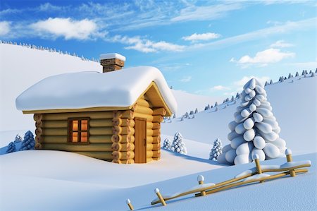 log house and fir-tree in snow-drift mountain landscape Stock Photo - Budget Royalty-Free & Subscription, Code: 400-04225249