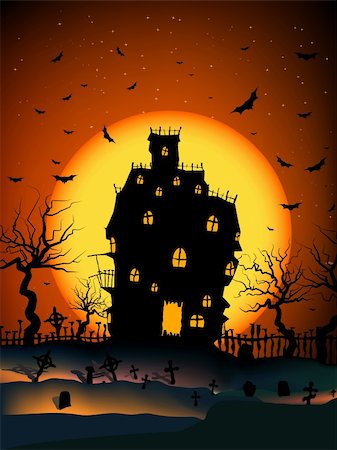 simsearch:400-03936196,k - Vector Haunted House on a Graveyard hill at night with full moon Stock Photo - Budget Royalty-Free & Subscription, Code: 400-04226733