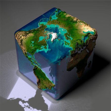 Earth is a cube with translucent water of the oceans and highlights of reflected light on a gray background table Stock Photo - Budget Royalty-Free & Subscription, Code: 400-04228363
