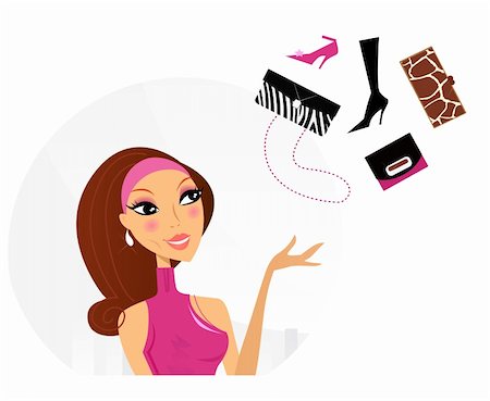 simsearch:400-04739257,k - Pretty woman in pink dress dreaming about luxury bags and shoes. Lifestyle vector Illustration. Stock Photo - Budget Royalty-Free & Subscription, Code: 400-04229339