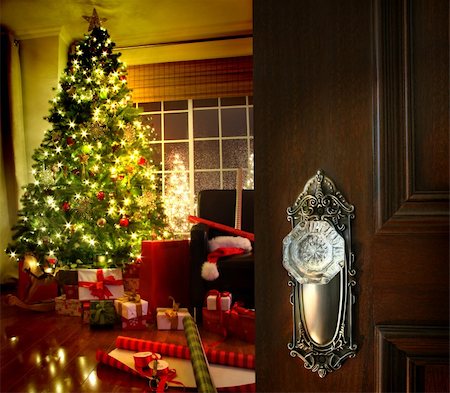 santa window - Door opening into a beautiful living room decorated for Christmas Stock Photo - Budget Royalty-Free & Subscription, Code: 400-04229531